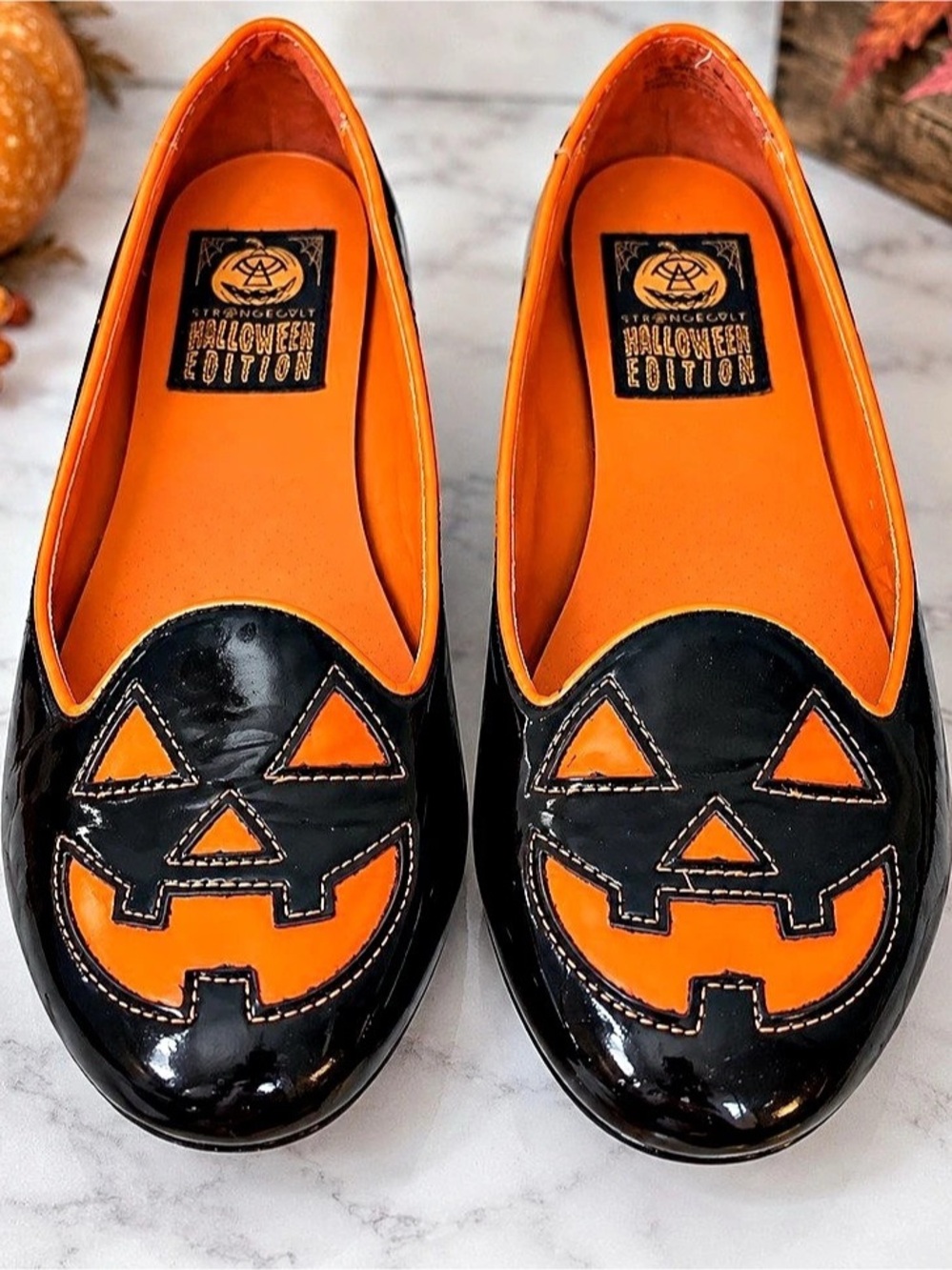 Strange Cvlt Halloween Edition Jack O’ Lantern Patent Flats Black Orange Goth